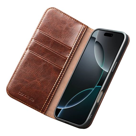 QIALINO Flipové puzdro z pravej hovädzej kože pre iPhone 17 Pro Max, hnedé