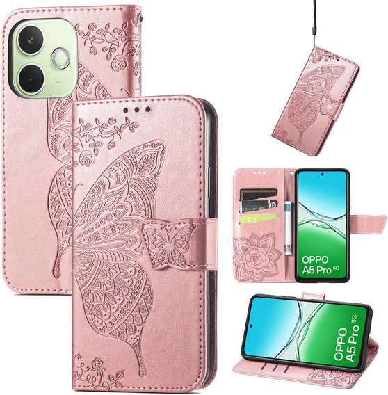 Klapkové puzdro pre Oppo A5 Pro 5G, Butterfly, ružové rose gold