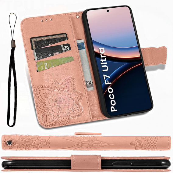Klapkové puzdro pre Xiaomi Poco F7 Ultra, Butterfly, ružové rose gold
