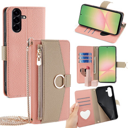 Flipové puzdro pre Samsung Galaxy A56 5G, Wallet Zipper Pocket, so zrkadlom, ružové