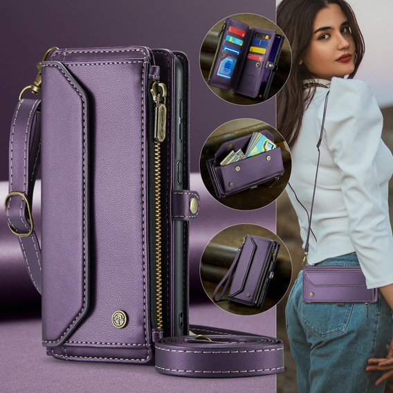 Puzdro CASEME pre Samsung Galaxy S24 FE, RFID Leather Wallet, s popruhom cez rameno, fialové