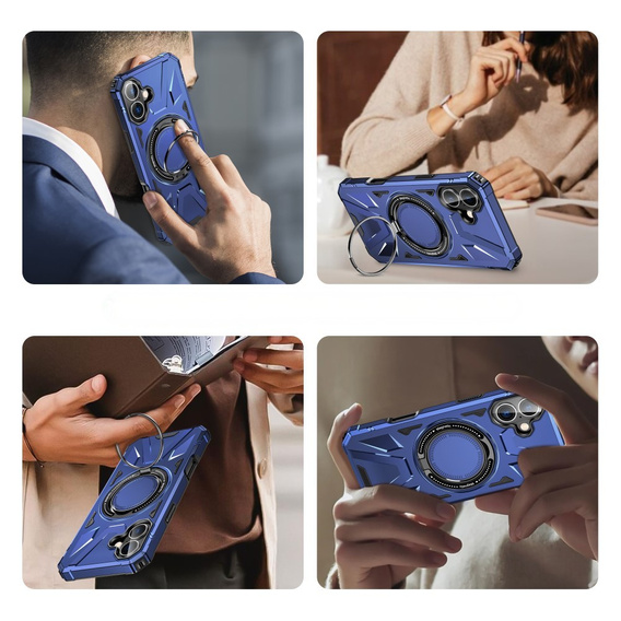 Puzdro pre iPhone 16 Plus, pancierované so stojanom a rukoväťou, modré