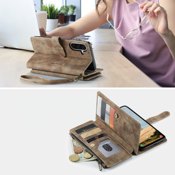 CASEME puzdro pre Samsung Galaxy A56 5G, Leather Wallet Cash and Card Slots, s remienkom, hnedé