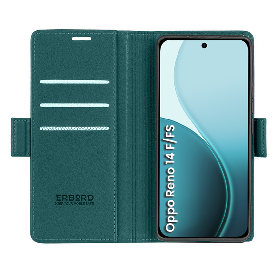 Puzdro pre Oppo Reno 14 F / 14 FS, ERBORD Glossy Litchi, flipová peňaženka, zelený