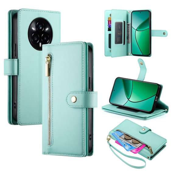 Klapkové puzdro pre Realme 14 Pro 5G, Wallet Zipper Pocket, mätové