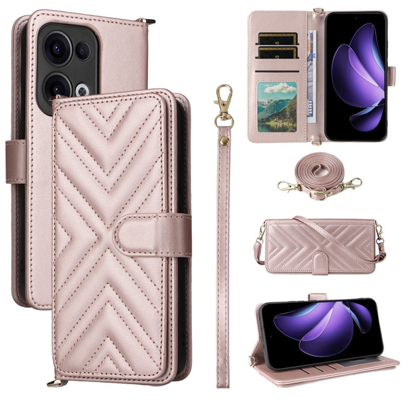 Puzdro s chlopňou pre Oppo Reno 13 5G, Crossbody Leather Wallet, ružové
