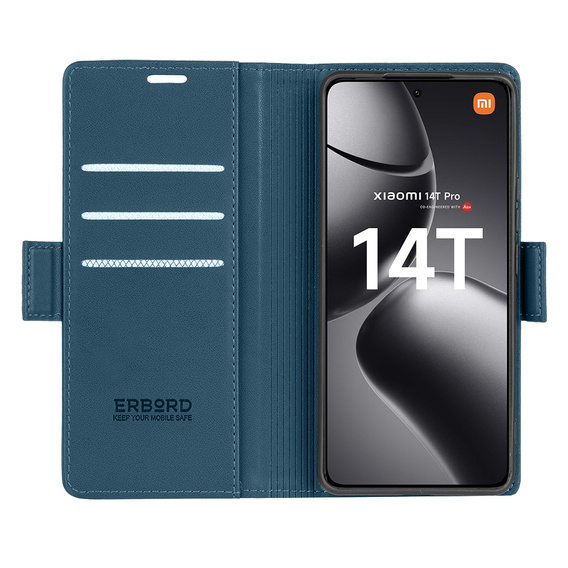 Puzdro pre Xiaomi 14T Pro, ERBORD Glossy Litchi, flipová peňaženka, modré