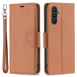 Klapkové puzdro pre Samsung Galaxy A25 5G, Wallet Litchi Leather, hnedé + 9H sklo