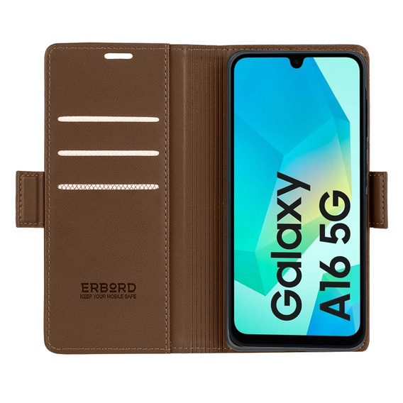 Puzdro pre Samsung Galaxy A16, ERBORD Glossy Litchi, flipová peňaženka, hnedé