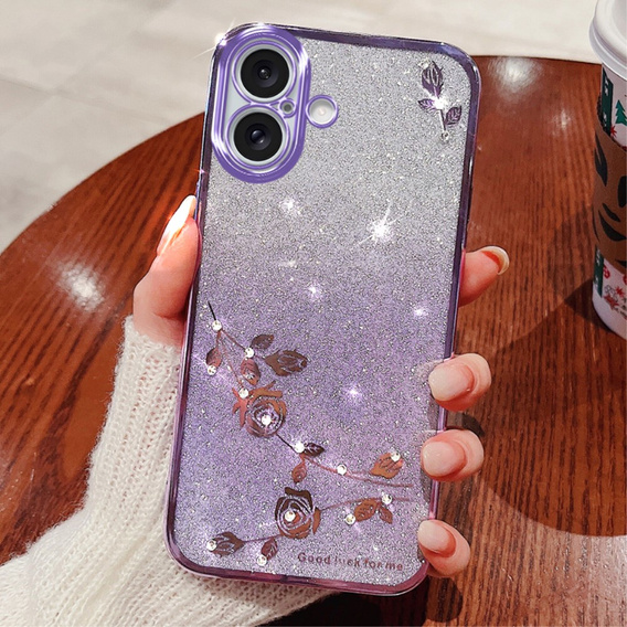 Puzdro pre iPhone 16, Glitter Flower, fialové