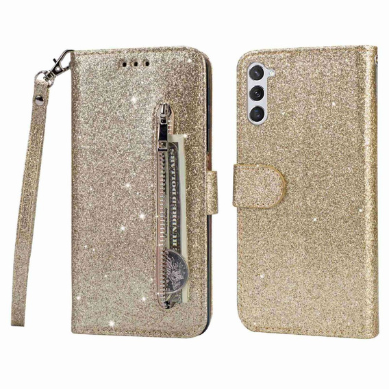 Klapkové puzdro pre Samsung Galaxy S24, Wallet Zipper Pocket Glittery, zlaté