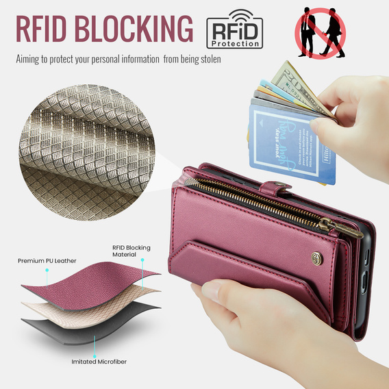 Puzdro CASEME pre Samsung Galaxy S25 FE, RFID Leather Wallet, s popruhom cez rameno, červené