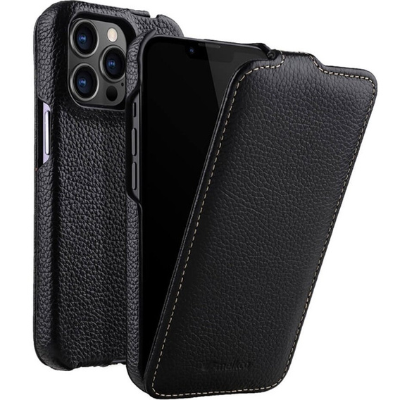 MELKCO flipové puzdro pre iPhone 14 Pro Max, kožené, flipové, čierne