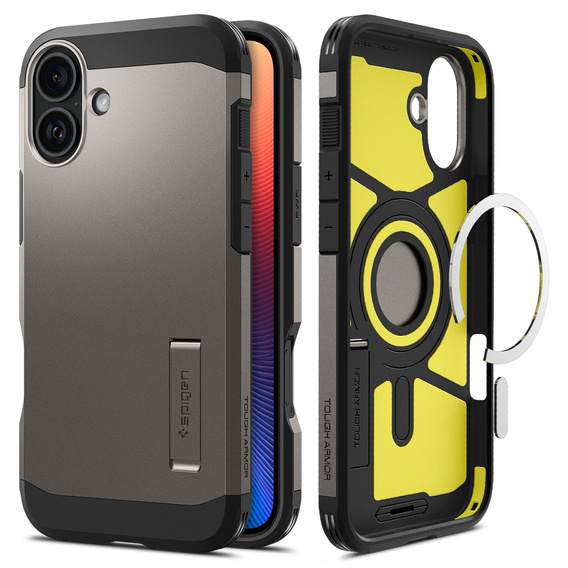 Puzdro Spigen pre iPhone 16, Tough Armor Mag MagSafe, sivé + tvrdené sklo 9H