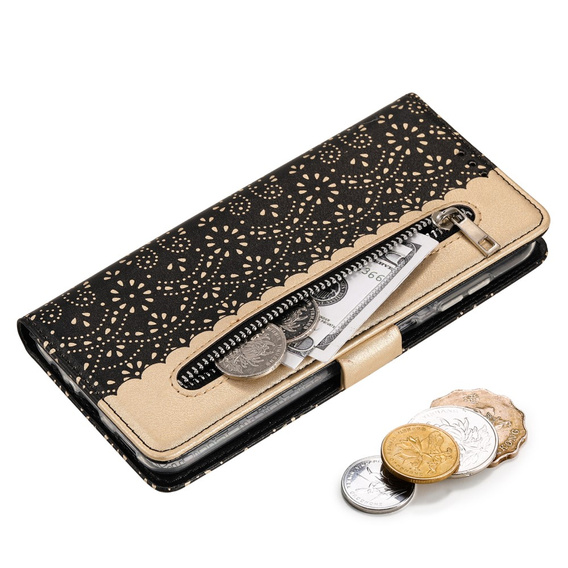 Klapkové puzdro pre Samsung Galaxy A35 5G, Wallet Pocket Zipper Lace, čierne