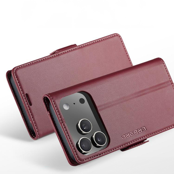 ERBORD Lesklé puzdro Litchi, flipová peňaženka pre iPhone 17 Pro Max