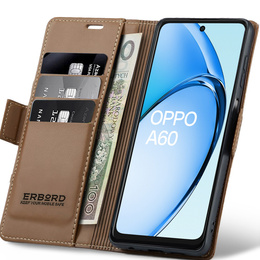 Puzdro pre Oppo A60, ERBORD Glossy Litchi, flipová peňaženka, hnedé