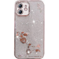 Puzdro pre iPhone 12, Glitter Flower, ružové rose gold