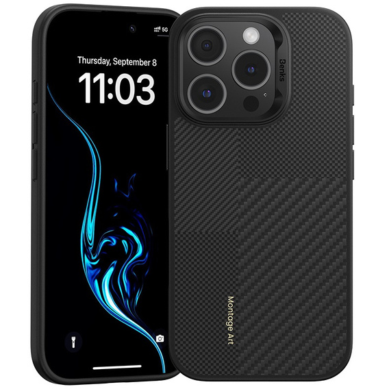 Puzdro BENKS Kevlar pre iPhone 16 Pro, pre MagSafe, Carbon Fiber, čierne
