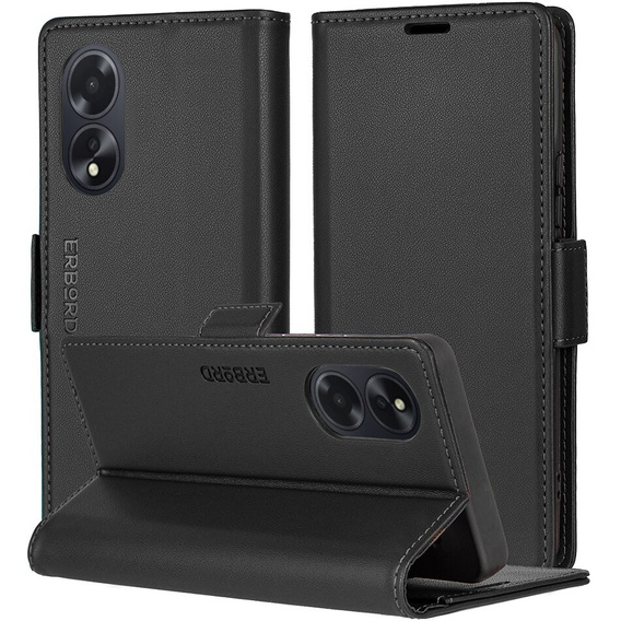 Puzdro pre Oppo A60, ERBORD Glossy Litchi, flipová peňaženka, čierne