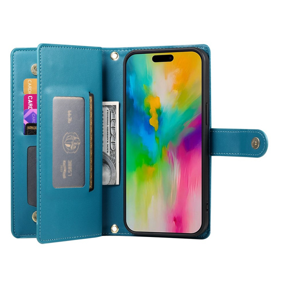 Klapkové puzdro pre iPhone 16 Pro, Wallet Zipper Pocket, modré