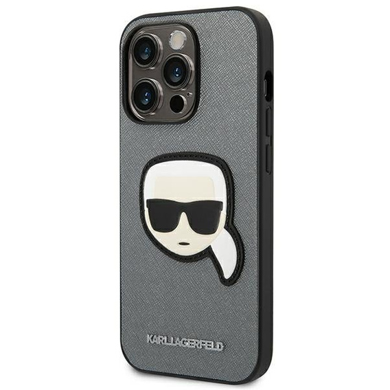 Karl Lagerfeld Obal na mobil pre iPhone 14 Pro, Saffiano Karl's Head Patch, strieborné