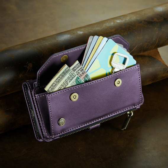 Puzdro CASEME pre Samsung Galaxy S24 FE, RFID Leather Wallet, s popruhom cez rameno, fialové
