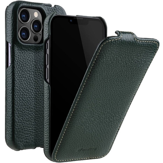 MELKCO flipové puzdro pre iPhone 14 Pro, kožené, flipové, tmavozelené