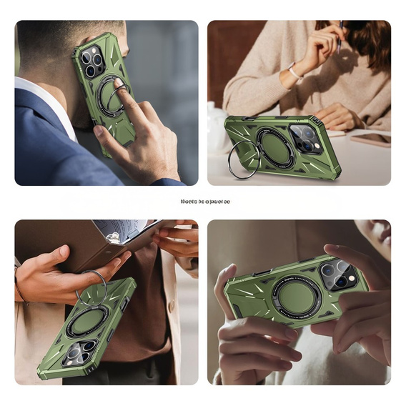 Puzdro pre iPhone 16 Pro Max, pancierované so stojanom a rukoväťou, zelený