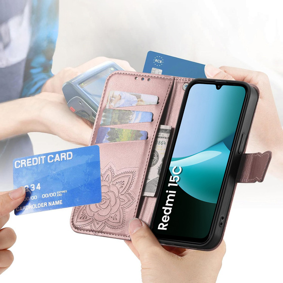 Klapkové puzdro pre Xiaomi Redmi 15C 4G/LTE, Butterfly, ružové rose gold