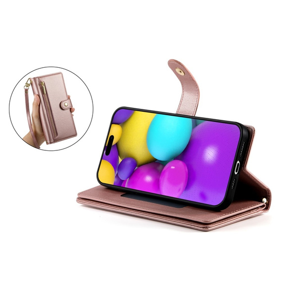 Klapkové puzdro pre iPhone 16, Wallet Zipper Pocket, ružové