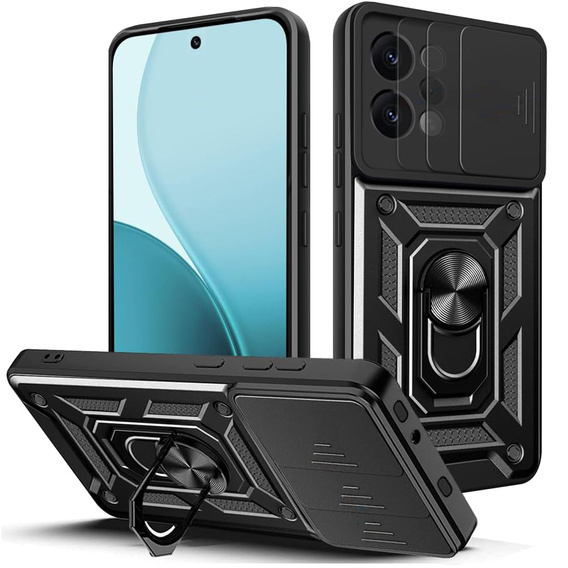 Pancierované puzdro pre Oppo Reno 14, s ochranou fotoaparátu, so stojanom, čierne