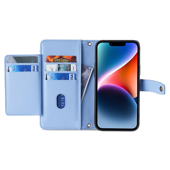 Klapkové puzdro pre iPhone 15, Wallet Zipper Pocket, modré