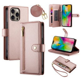 Klapkové puzdro pre iPhone 16 Pro Max, Wallet Zipper Pocket, ružové