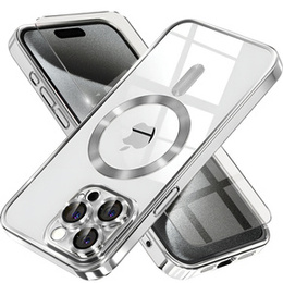 Puzdro pre iPhone 15 Pro, Electro MagSafe, strieborné + sklo na displej