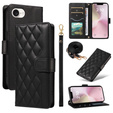 Puzdro s chlopňou pre iPhone 16E, Rhombus Crossbody Leather, čierne