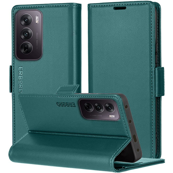 Puzdro pre Oppo Reno 12 Pro, ERBORD Glossy Litchi, flipová peňaženka, zelený