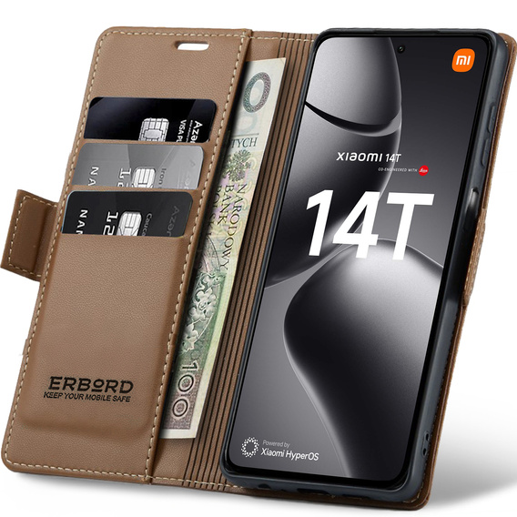 Puzdro pre Xiaomi 14T, ERBORD Glossy Litchi, flipová peňaženka, hnedé