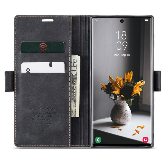 CASEME puzdro pre Samsung Galaxy S22 Ultra, Leather Wallet Case, čierne