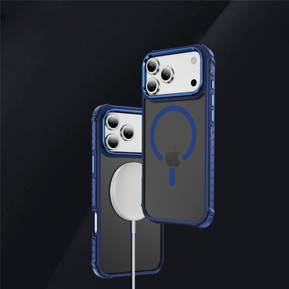 Matné puzdro pre iPhone 17 Pro, pancierované, pre MagSafe, dymové s modrými bokmi
