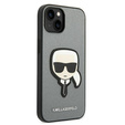 Karl Lagerfeld Obal na mobil pre iPhone 14, Saffiano Karl's Head Patch, strieborné
