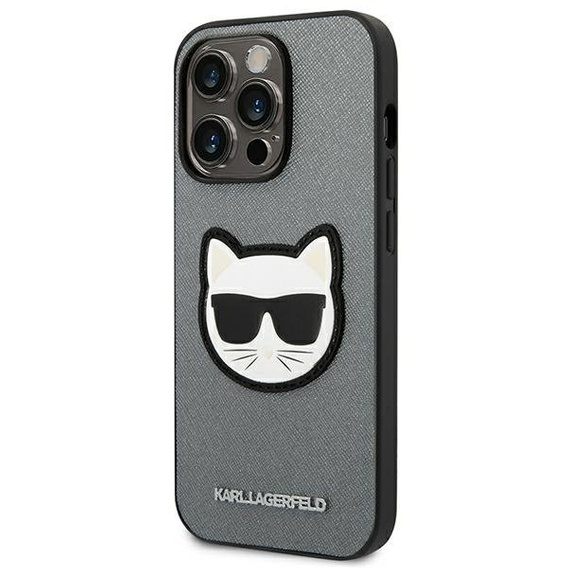 Karl Lagerfeld Obal na mobil pre iPhone 14 Pro Max, Saffiano Choupette Head Patch, strieborné