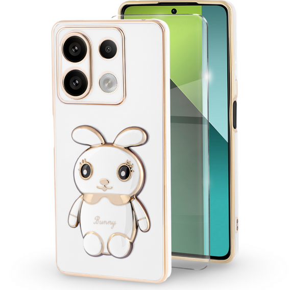 Puzdro pre Xiaomi Redmi Note 13 Pro 5G, Rabbit, biele + tvrdené sklo 9H