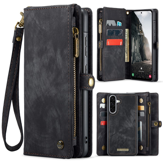 CASEME puzdro pre Samsung Galaxy A56 5G, Retro Leather Wallet, s remienkom, čierne