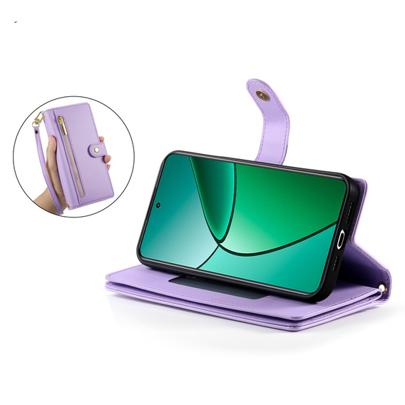 Klapkové puzdro pre Realme 14 Pro 5G, Wallet Zipper Pocket, fialové