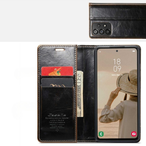 CASEME flipové puzdro pre Samsung Galaxy A53 5G, Waxy Textured, čierna / hnedá