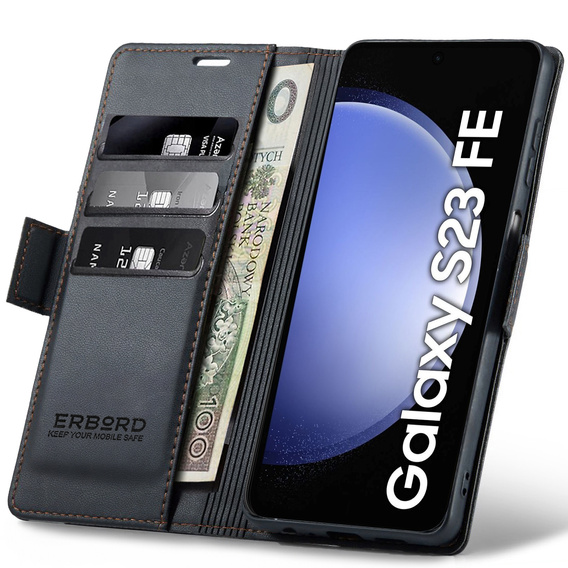 Puzdro pre Samsung Galaxy S23 FE, ERBORD Glossy Litchi, flipová peňaženka, čierne
