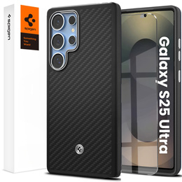 Puzdro Spigen pre Samsung Galaxy S25 Ultra, Enzo Aramid MagSafe, carbon čierne + tvrdené sklo 9H