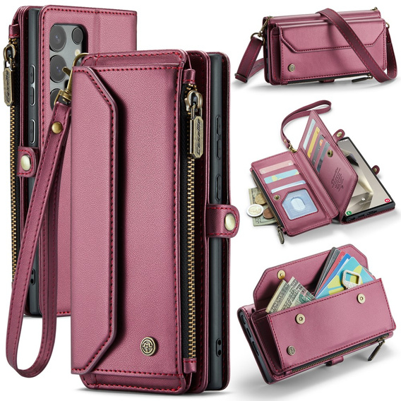 Puzdro CASEME pre Samsung Galaxy S25 Ultra, RFID Leather Wallet, s popruhom cez rameno, červené
