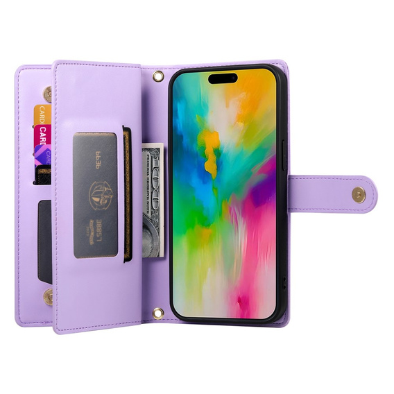 Klapkové puzdro pre iPhone 16 Pro Max, Wallet Zipper Pocket, fialové